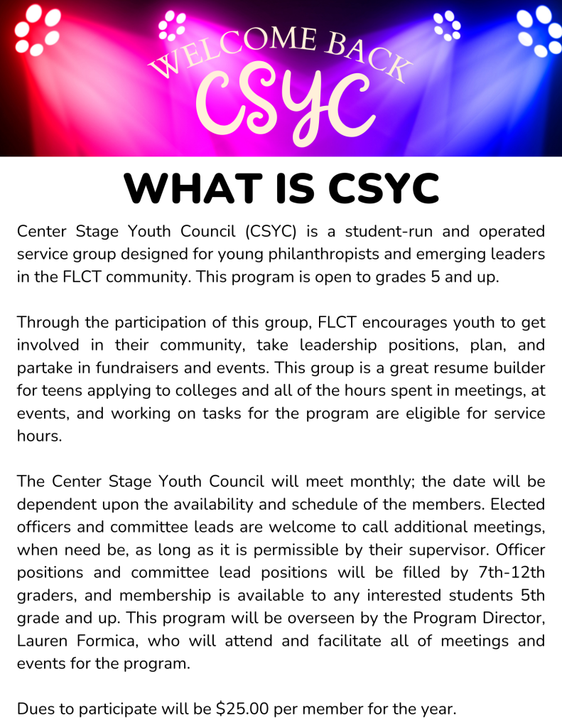 flyer with information regarding center stage youth council 